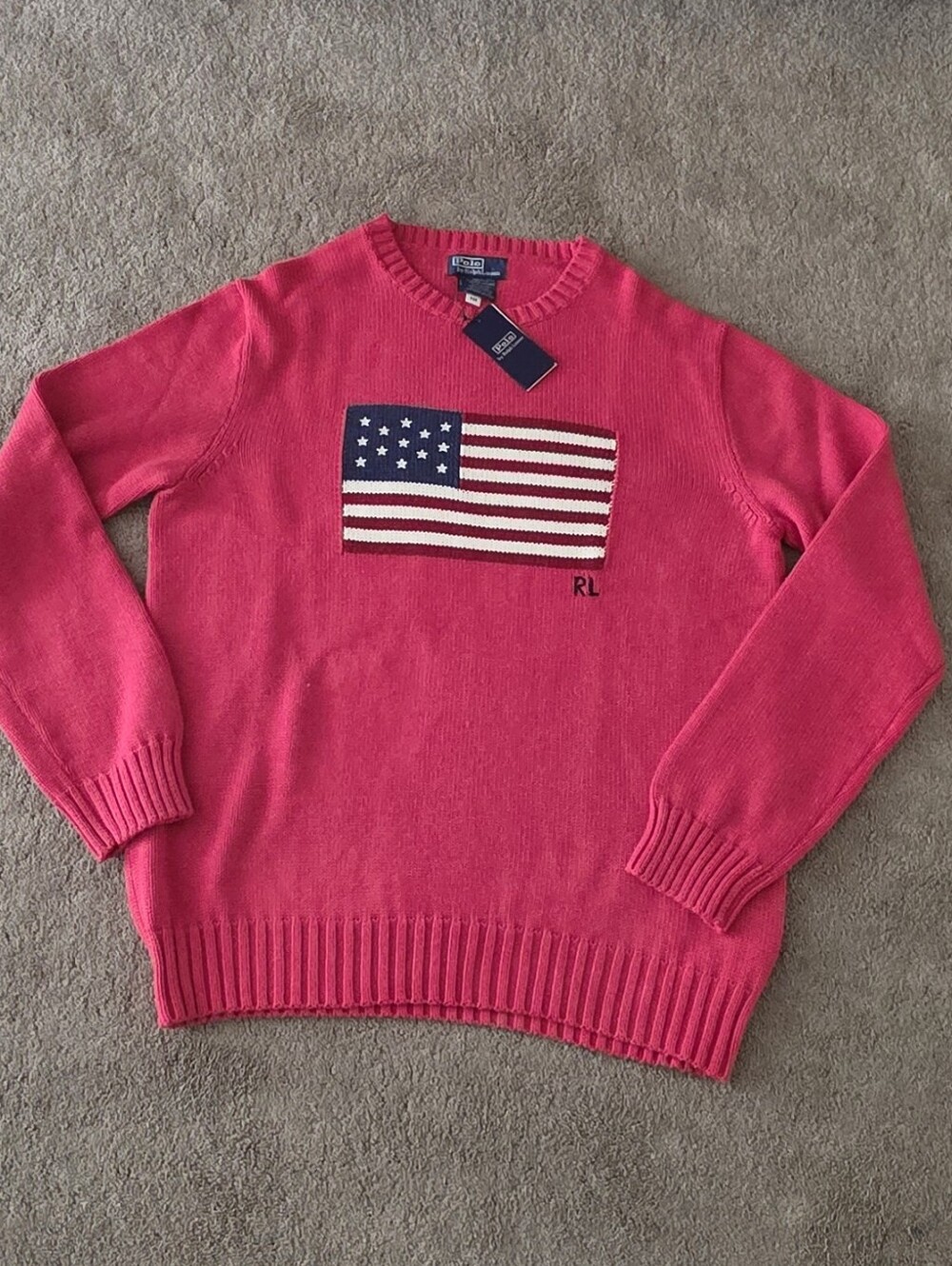 Ralph Lauren Red Crewneck Sweater with Flag Motif